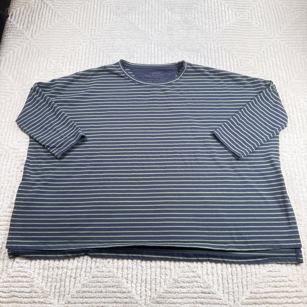 Mersea Striped Top Women's OS Navy Green Oversized Coastal Boxy Tee Nautical - Picture 3 of 9